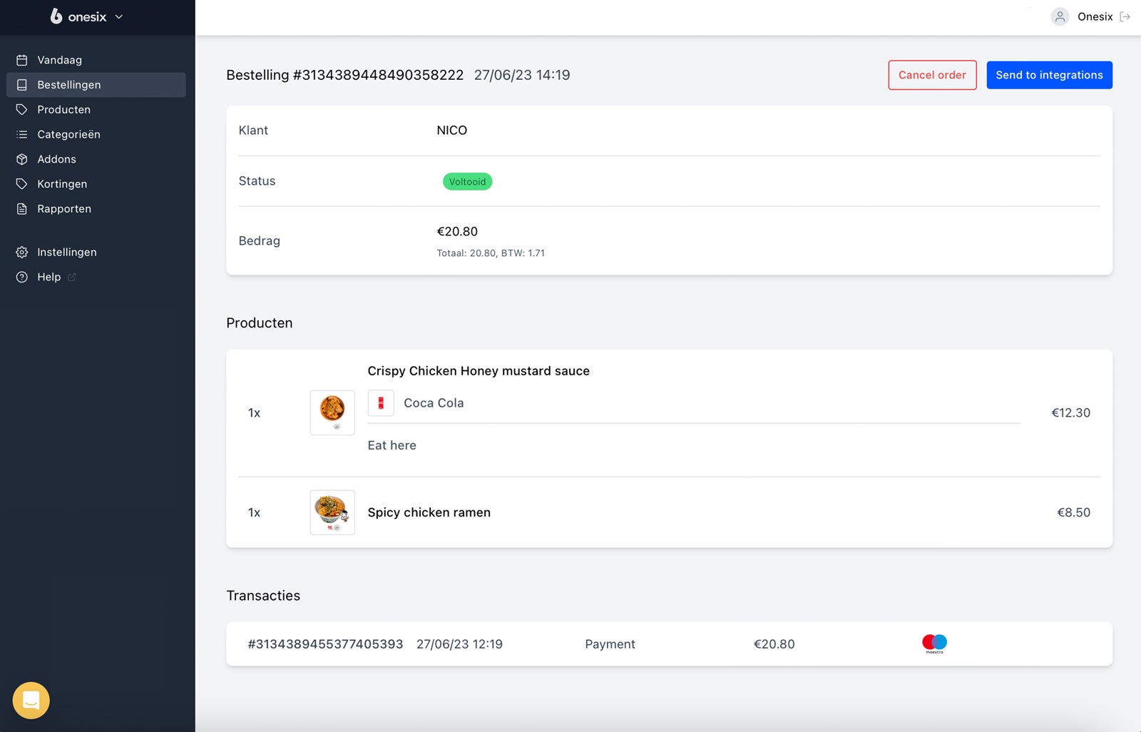 Dashboard bestellingen pagina